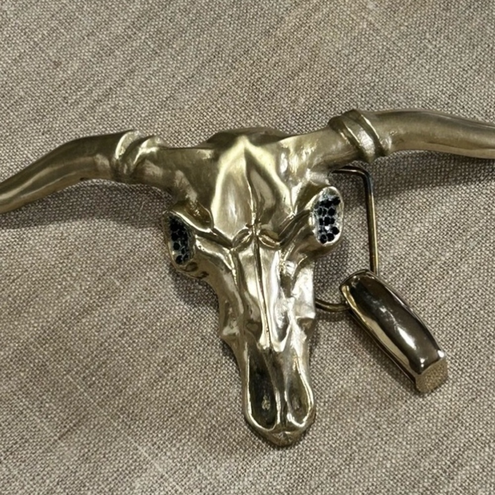 Vintage Longhorn Bull Skull Brass Belt Buckle Black Crystal Eyes - Picture 9 of 13
